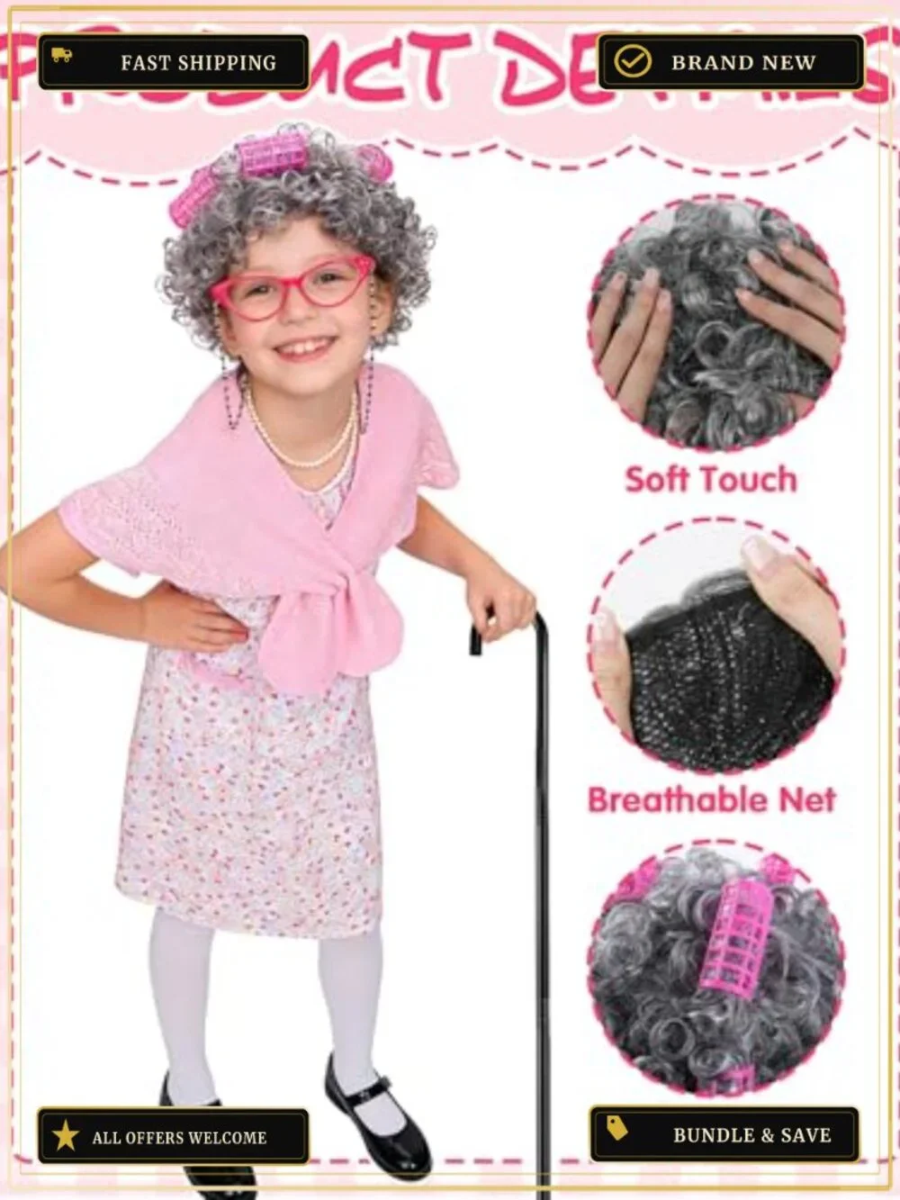 Girls Old Lady Costume 8 Piece Grandma Dress Up Set 100 Days of School